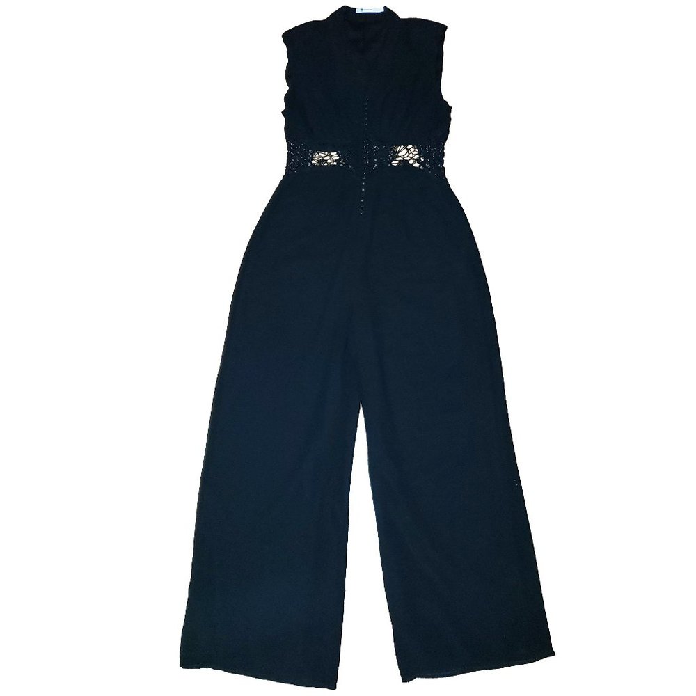 T by Alexander Wang Jumpsuit Small Black Crepe V Neck Lace Waist Sleeveless
